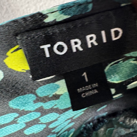 Torrid Blouse Women 1 Teal Abstract Spot Print Tie Back Long Sleeve Peplum - Picture 6 of 8